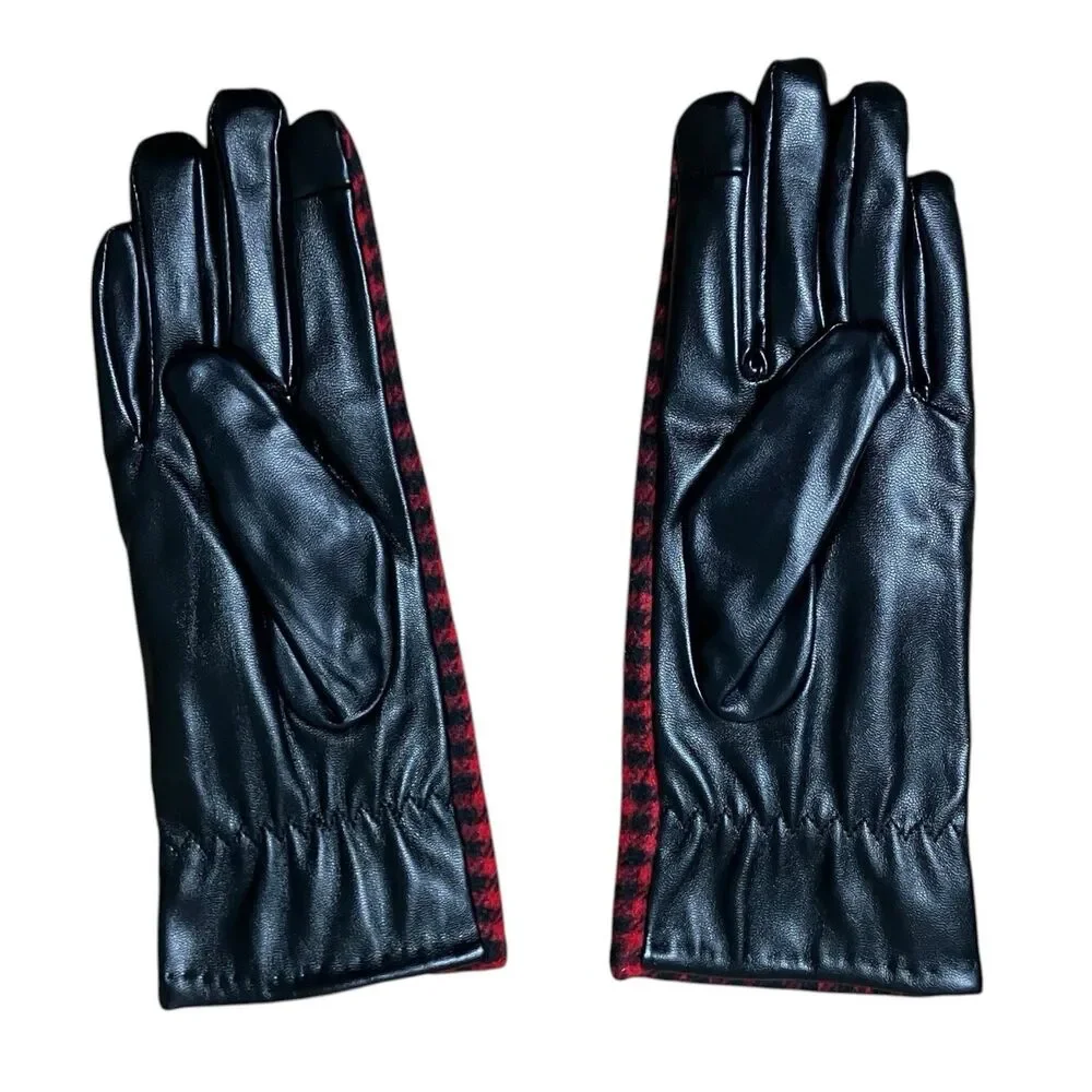 Houndstooth Gloves Womens M Red Black Faux Leather Winter Collection Eighteen